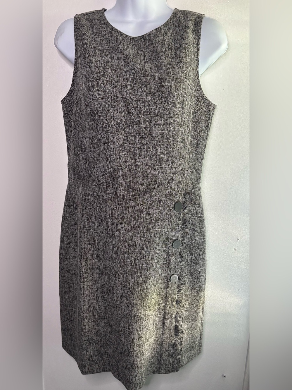 LOFT Grey Tweed Sleeveless Sheath Dress with Buttons & Ruffle Detail - Size 6